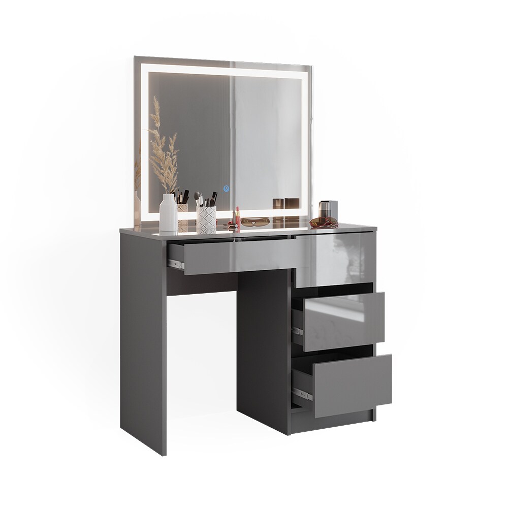 Vicco Schminktisch Sherry Grau Hochglanz 90 x 75 cm LED-Spiegel, Frisiertisch