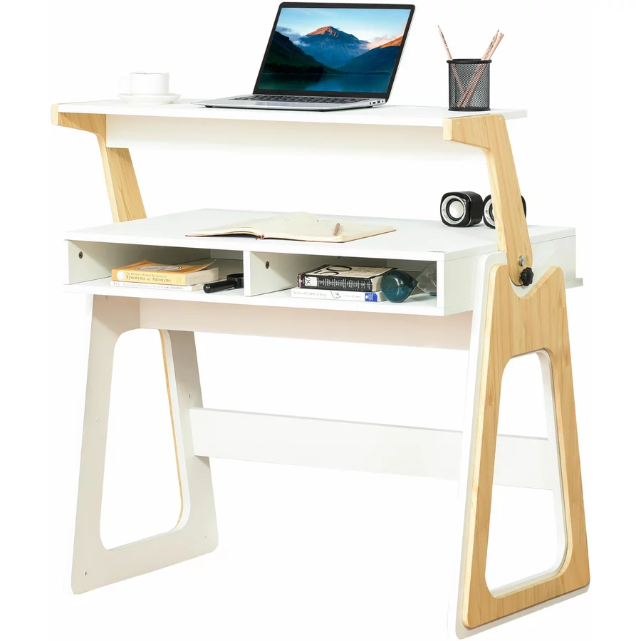 HOMCOM Computertisch mit verstellbarem Regal weiß