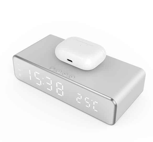 Digitalt LED vækkeur med trådløs oplader/termometer Sølv