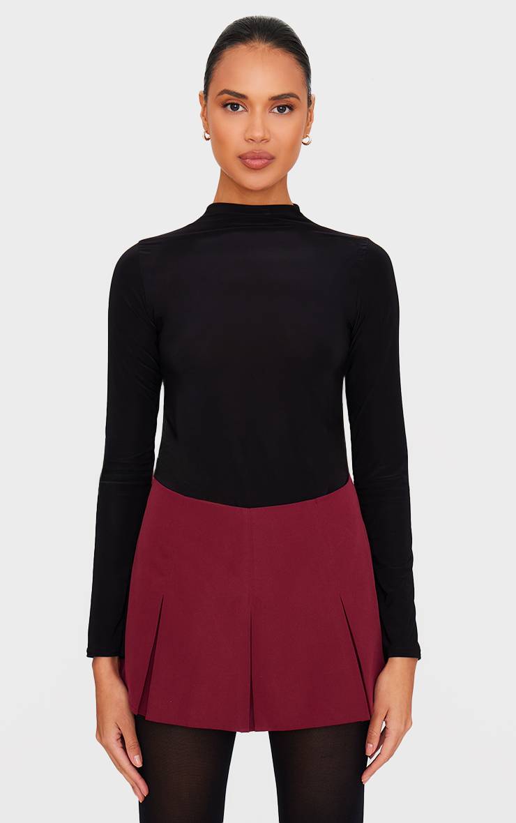 Rouge Bordeaux Jupe-short Patineuse Plissée En Tissu Tissé Ajusté