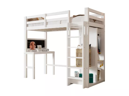 Lit mezzanine 90x200 cm en bois de pin - avec bureau, armoire et étagères - Blanc