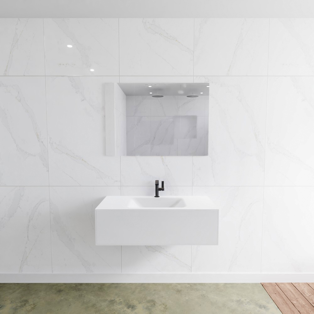 SCHADEMODEL: Zaro Lagom volledig naadloos solid surface onderkast 100cm mat wit met 1 lade Push tot open. Compleet met solid surface wastafel met 1 kraangat(en)