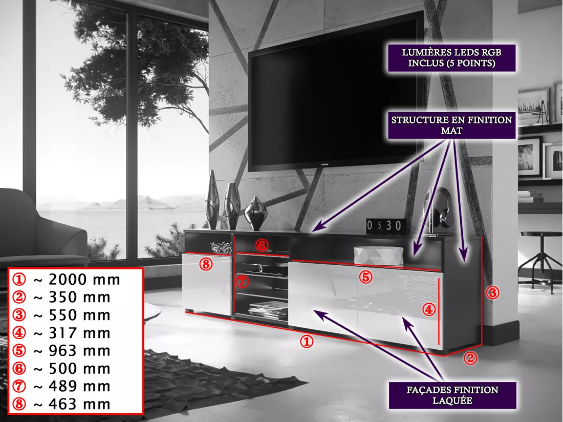 MEUBLE TV MASSIMO 200 cm Blanc Mat et portes Noir Laquées LED RGB