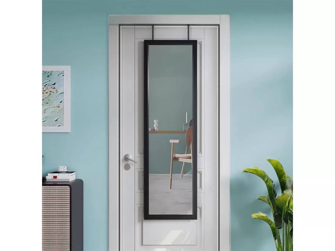 Miroir Porte Mural Suspendu 110x33cm,Miroir Pleine Longueur en Verre Trempé avec 2 Crochets de Suspension pour Porte,Hauteur Réglable - Noir