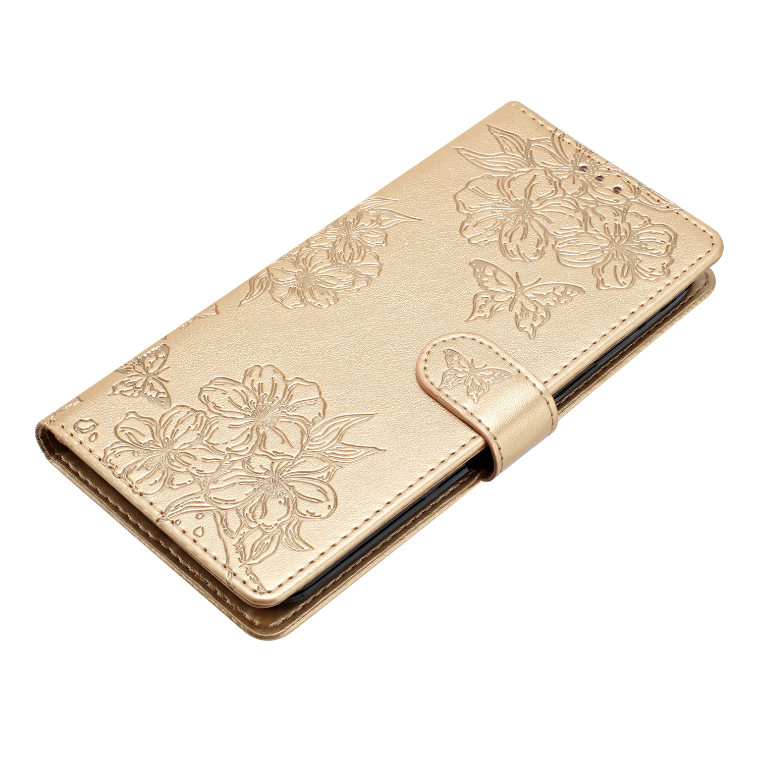 Samsung Galaxy S24 FE Leder Tasche Wallet - Mandala Butterfly Flowers Imprint - Gold