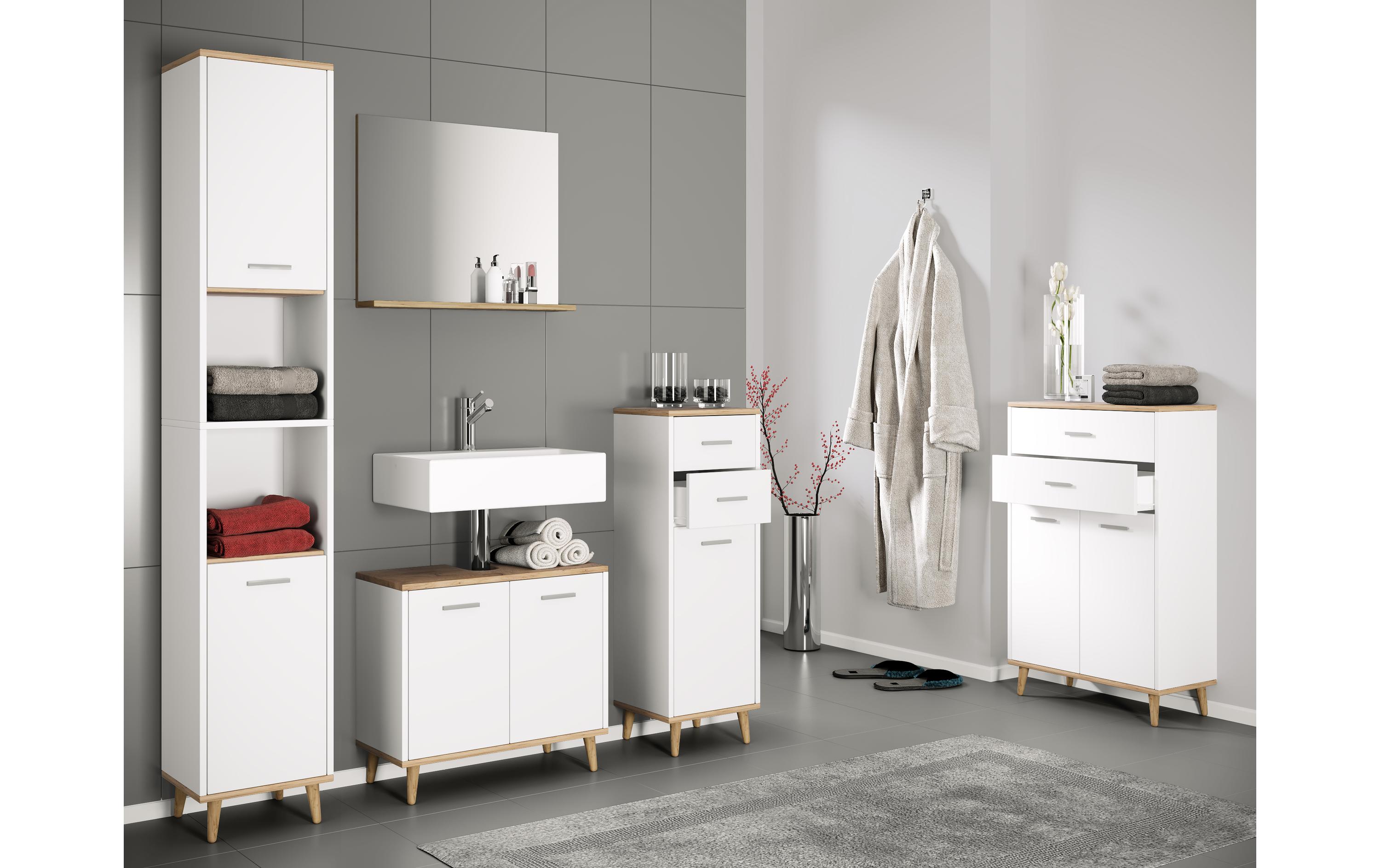 Badezimmerregal Landos 32 x 184 cm, Weiss/Honig-EicheModerner Hochschrank für das Badezimmer