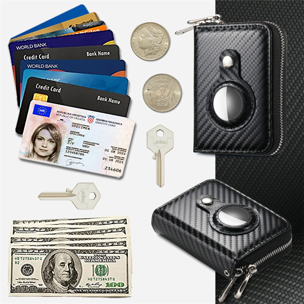 (12.7x11.1x3.6cm) Apple AirTag Wallet Mini Kreditkarten Portemonnaie Leder Etui Geldbörse (RFID Schutz) - Schwarz / Carbon