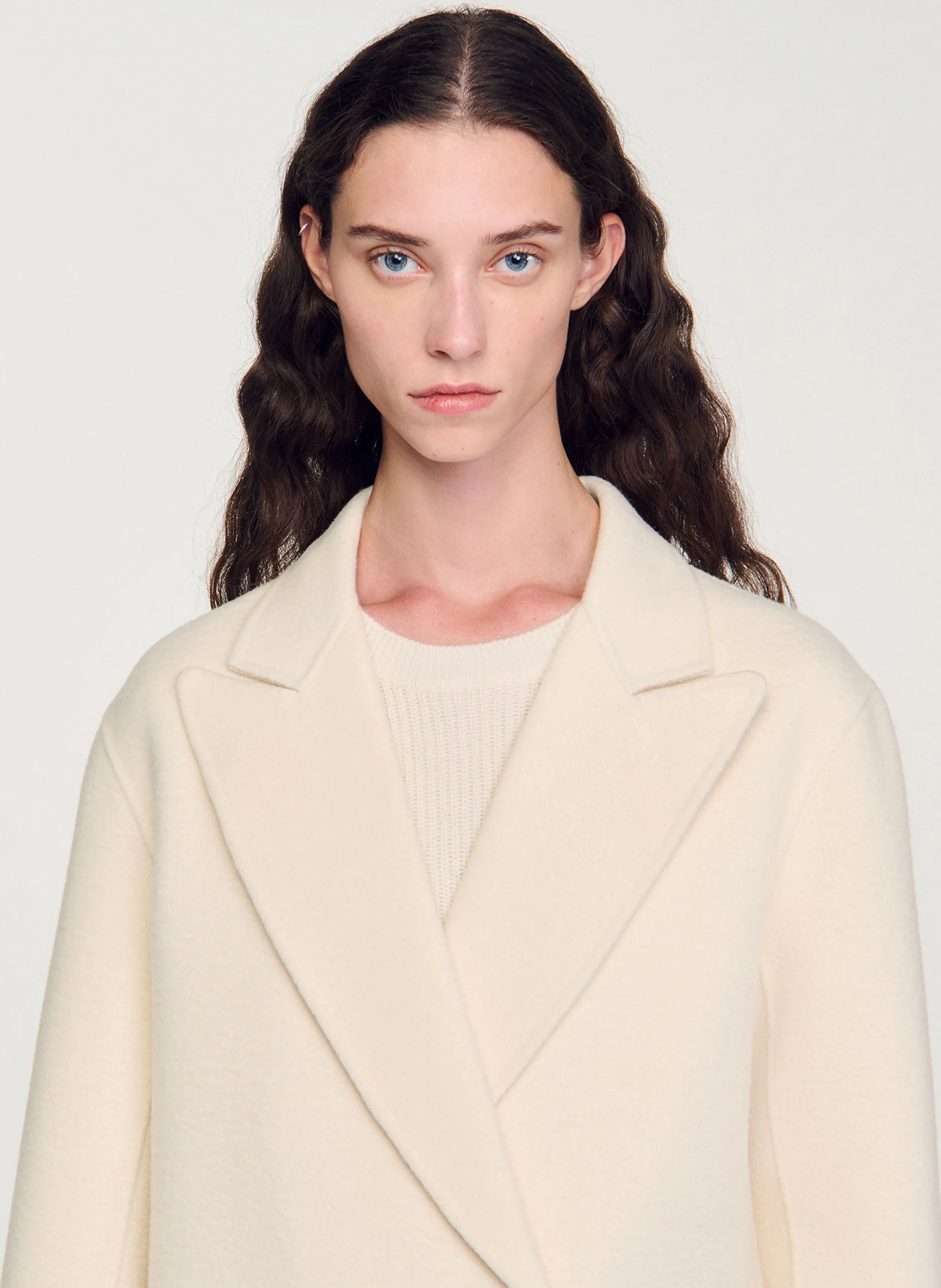 Long manteau col tailleur en laine mélangée | Blanc