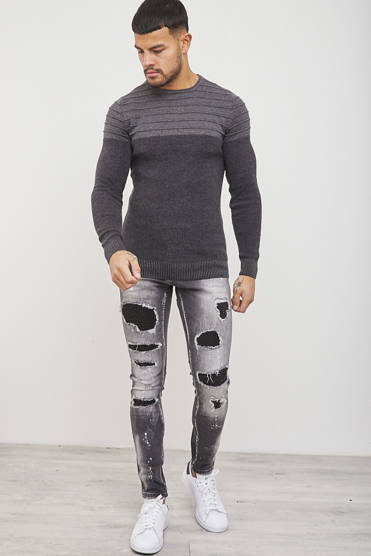 Pull fin bicolore gris