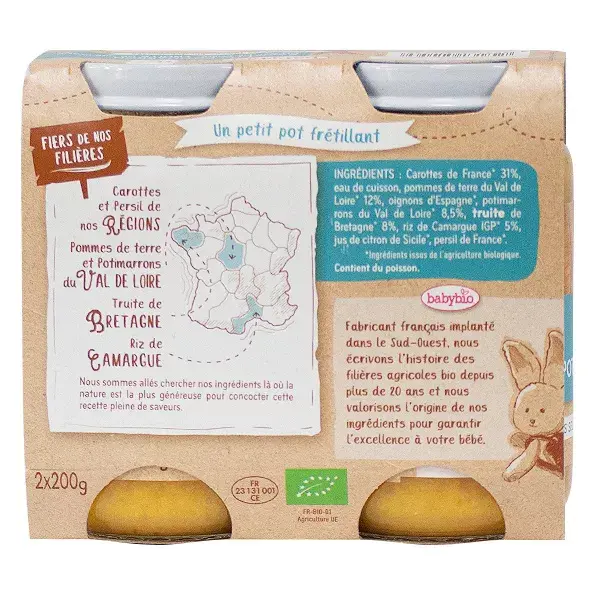 Lancheira Babybio Orgânica de Cenoura, Abóbora e Truta +8m 2 x 200g