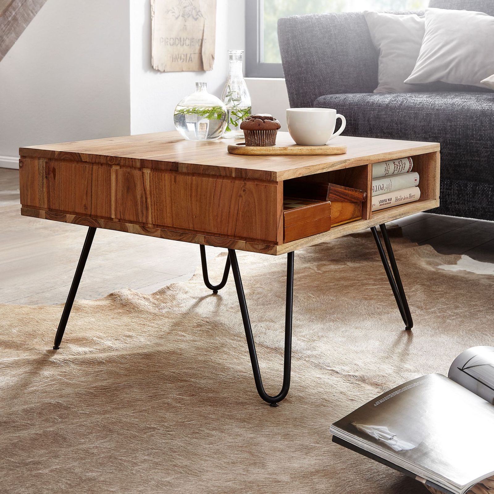 Couchtisch - Akazie massiv - schwarz - 60 cm