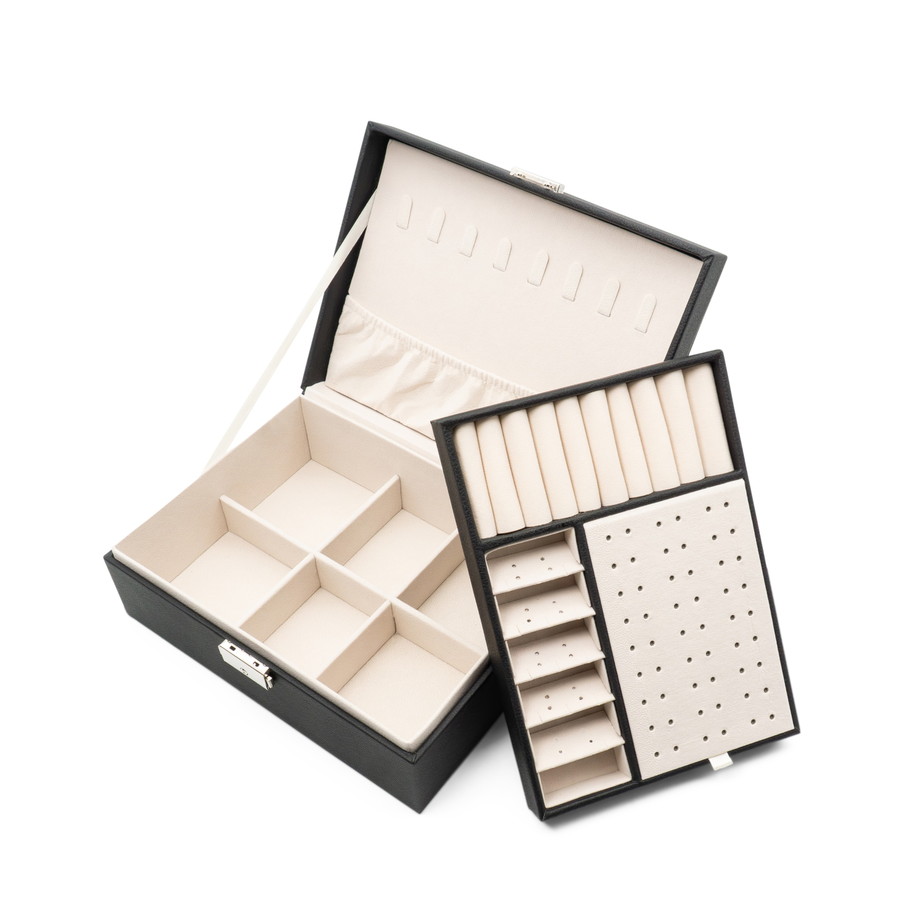 Leder Schmuckschatulle mit Schloss Aufbewahrungsbox Organizer für Ringe / Halskette / Ohrringe / Armbänder - Schwarz