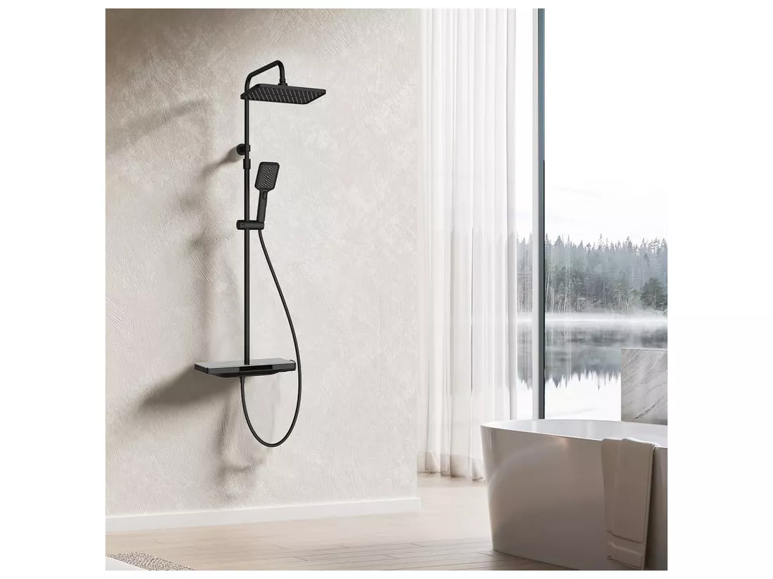 Colonne de Douche Thermostatique 38℃ avec Plateau de Rangement de 40 cm Ensemble de Douche Noir Comprend une Douche de Tête Surdimensionnée