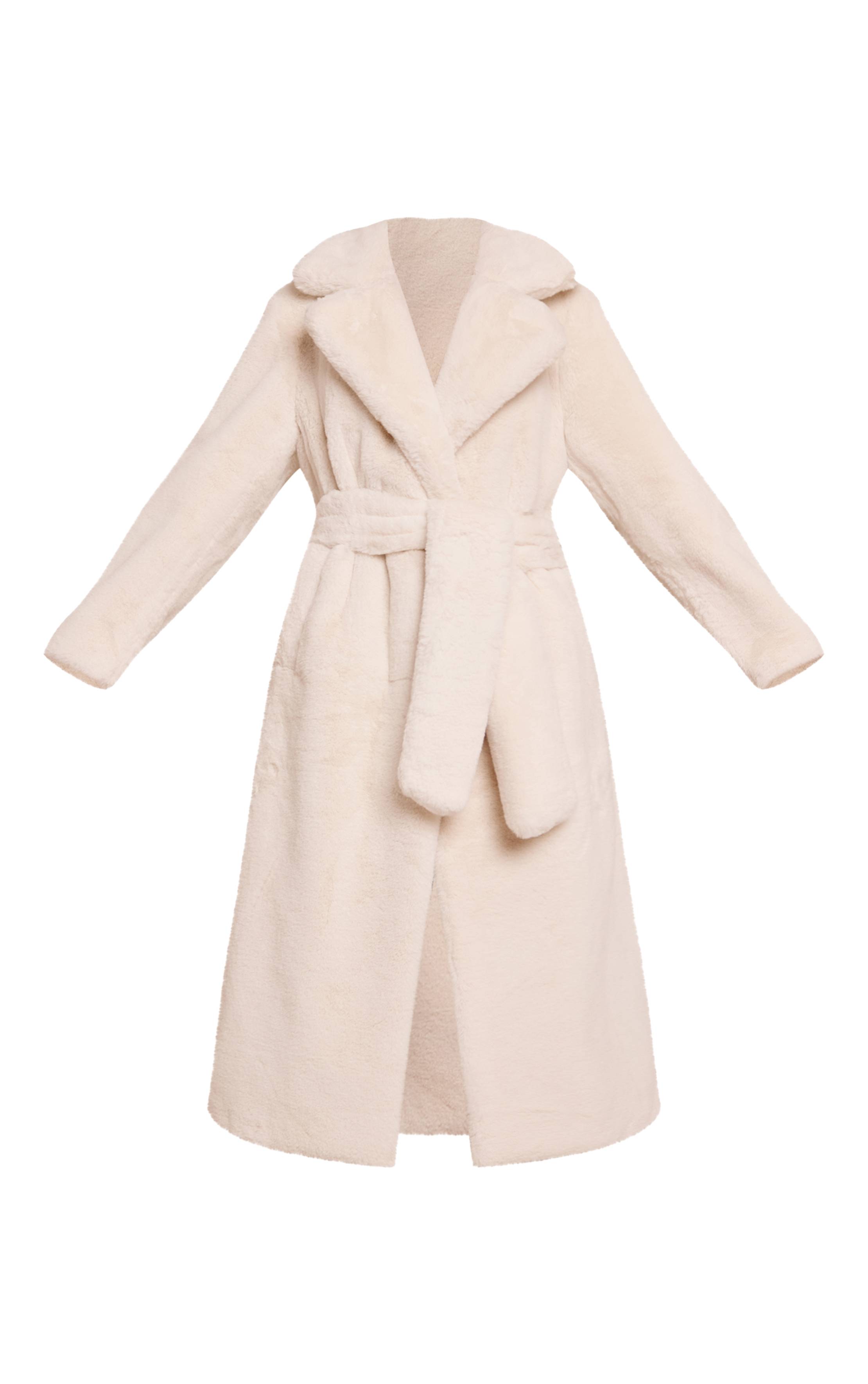 Crème Manteau Long En Synthétique Avec Ceinture À Nouer