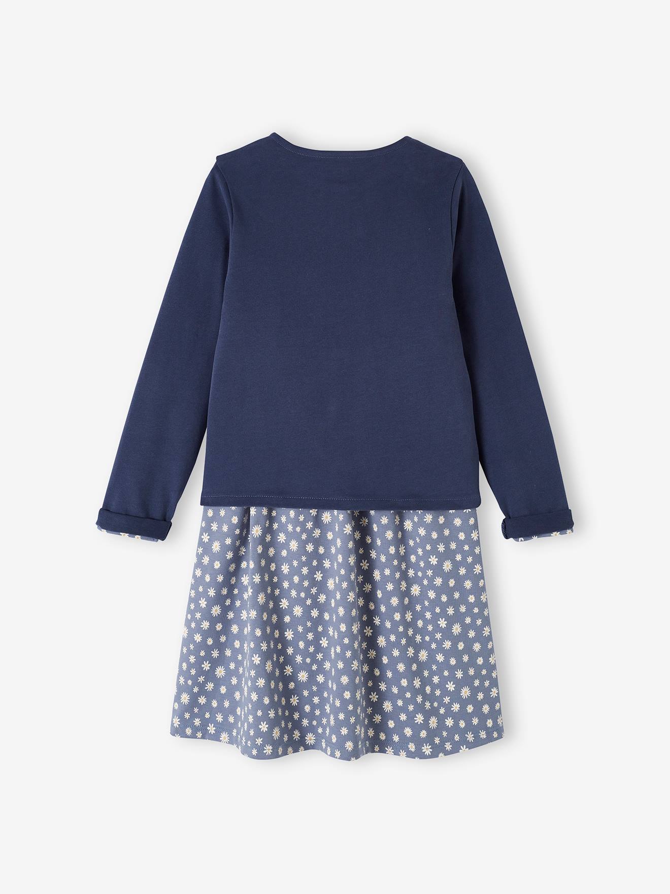 Conjunto de casaquinho e vestido com estampa floral para meninas, azul acinzentado