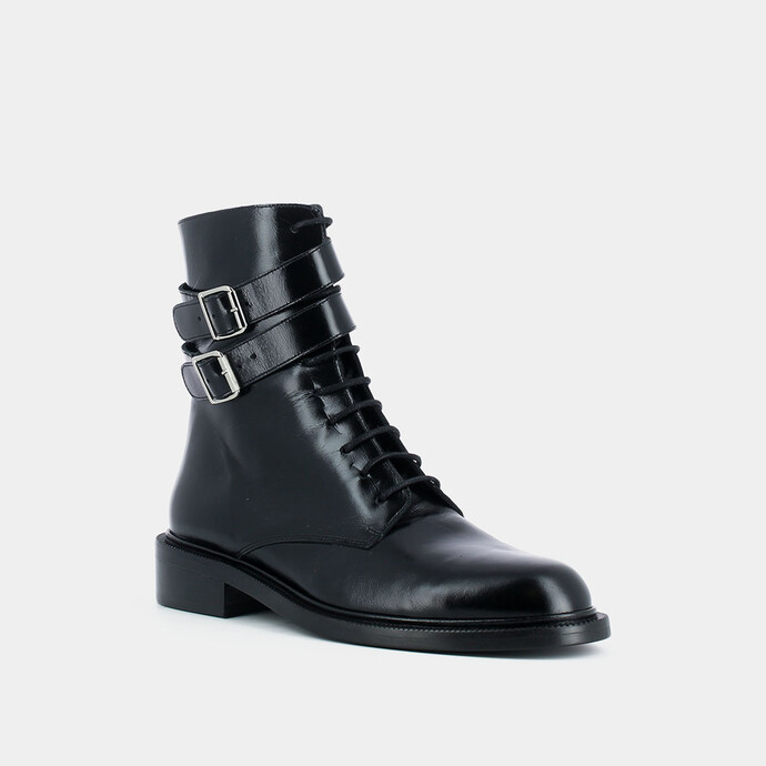 Bottines à boucles et à lacets  en cuir noir