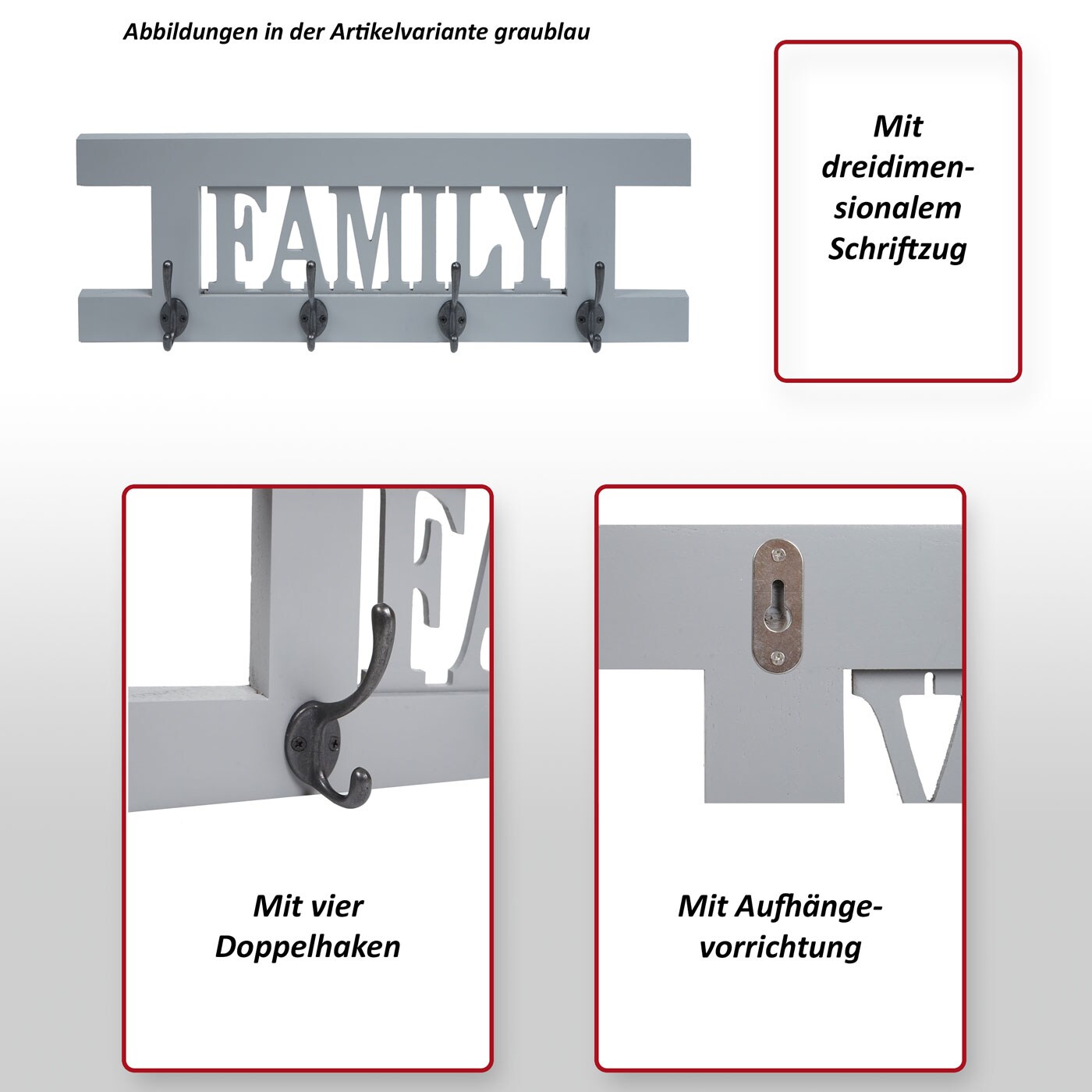 Wandgarderobe Familie, Garderobe Garderobenpaneel, Shabby-Look Vintage 60x20cm ~ grau