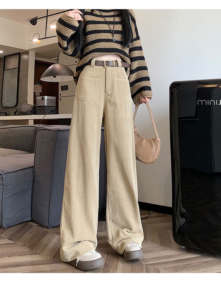 Dragan Pulse - High Rise Plain Corduroy Wide Leg Broek / Riem / Set