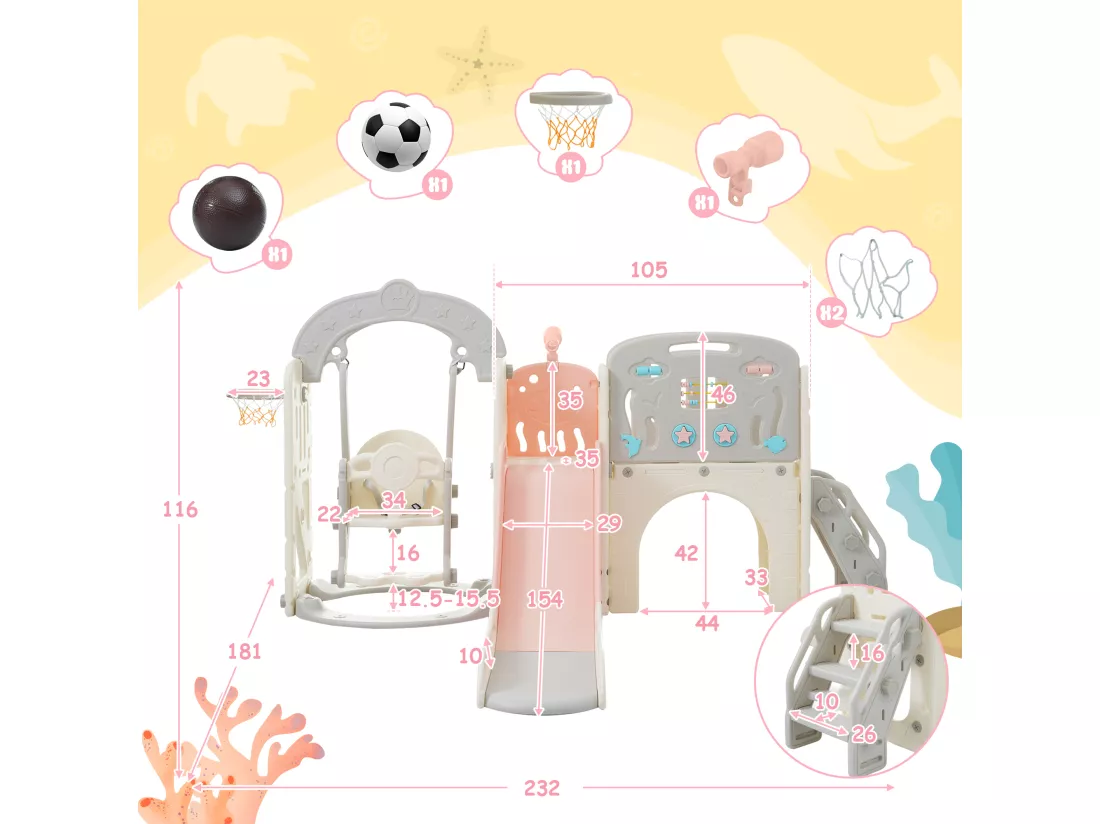 Ensemble balançoire de jeux pour enfants 10 en 1 - 232 x 181 x 116cm - en matériel HDPE - avec panier de basket et télescope - Rose