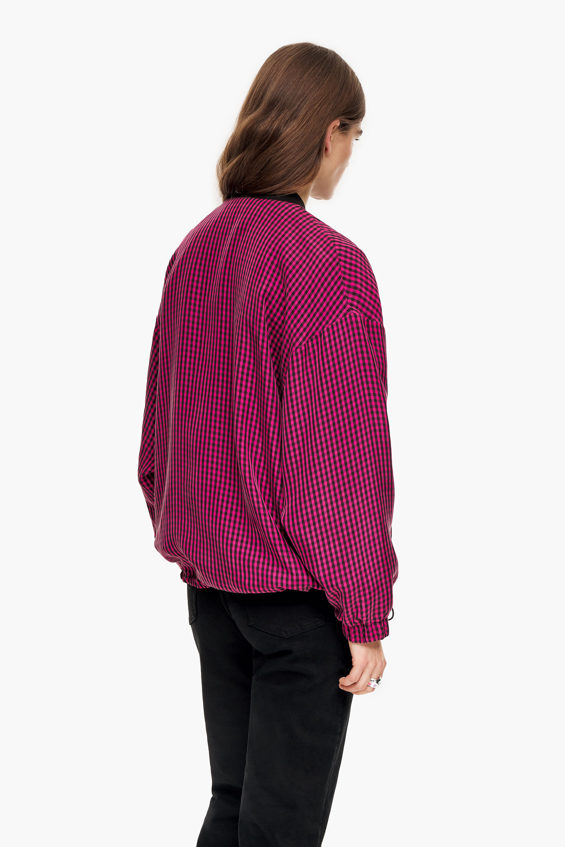 Jaqueta bomber de cupro xadrez fúcsia