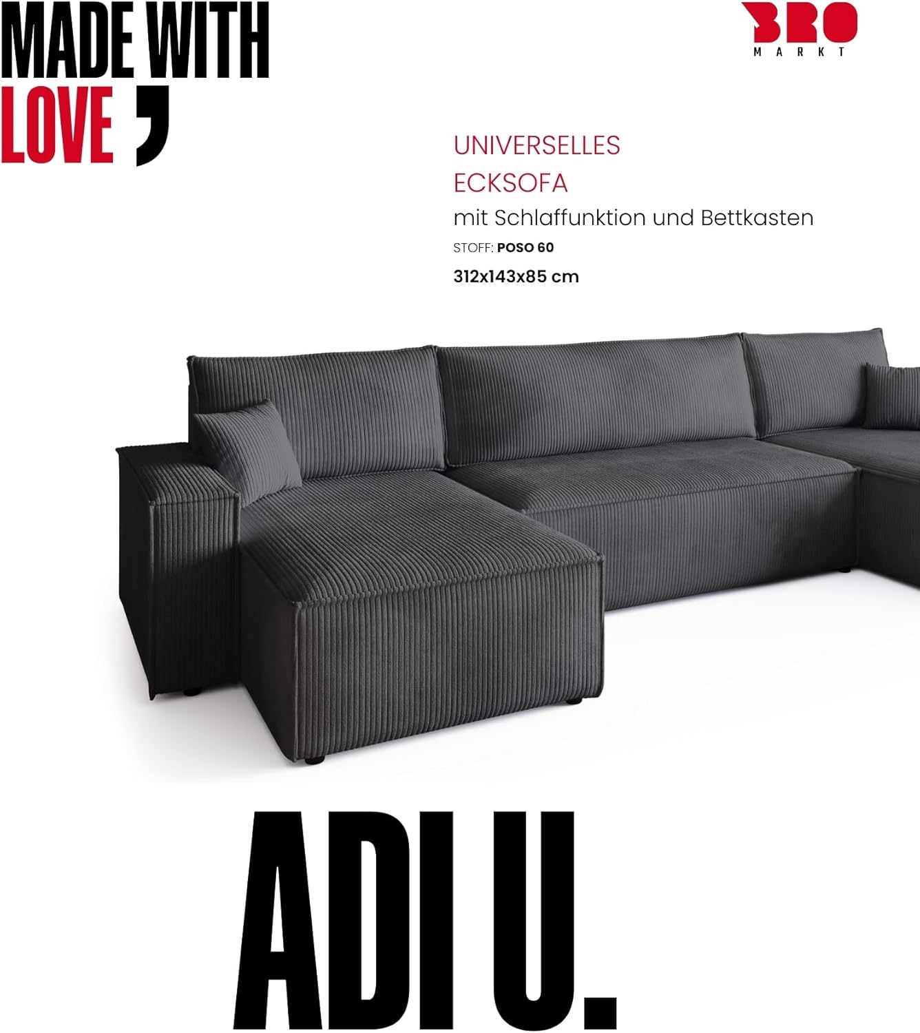 BROMARKT Ecksofa mit Schlaffunktion Cord Grau Wohnlandschaft u Form Big Sofa Schlafsofa mit Bettkasten Schlafcouch Wohnzimmer Couch 5 sitzer 312x143x85 cm ADI