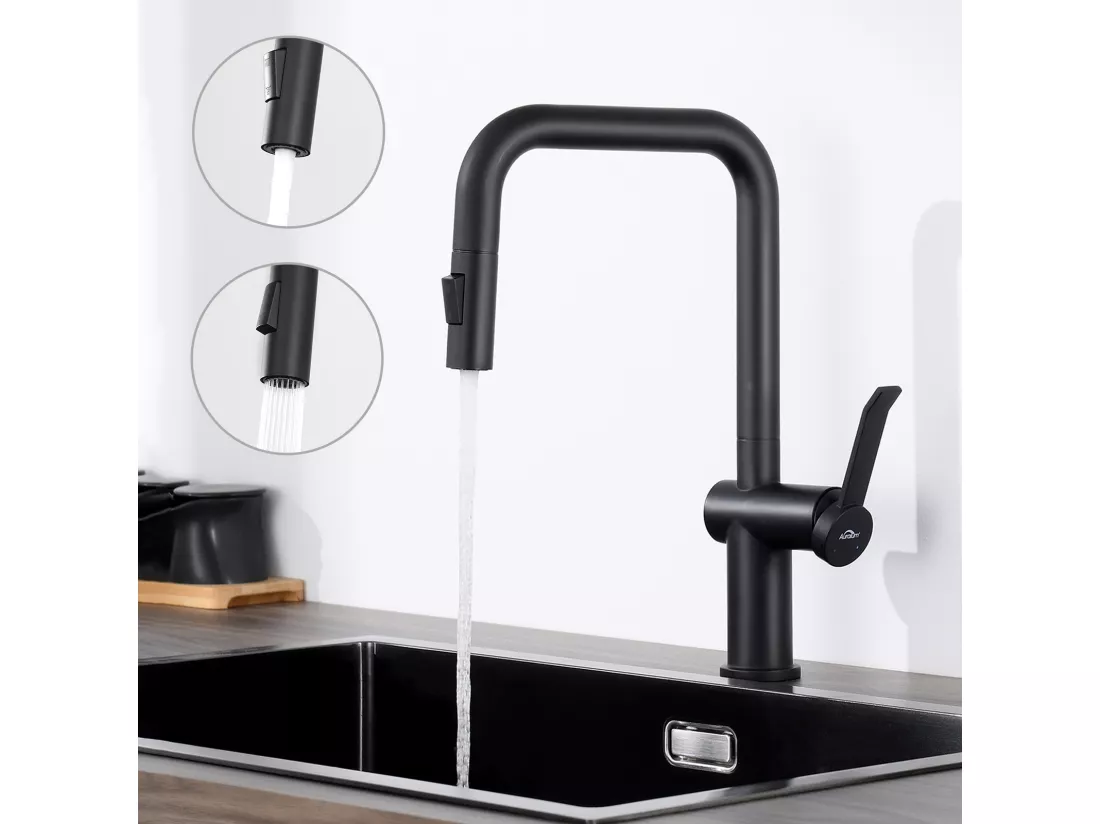 AuraLum Max Robinet de Cuisine,Mitigeur Cuisine avec Douchette Extractible,Bec Haut,Inverseur 2 jets (Laminaire/Pluie),Rotation 360°, Noir,EU Modèle