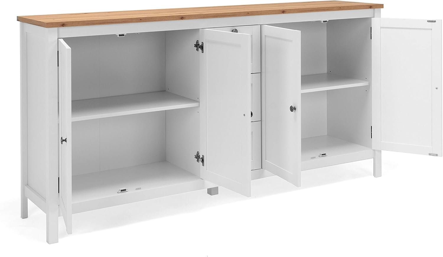 Newfurn Kommode Weiß Wildeiche Sideboard Vintage Landhaus - 180x90x40 cm (BxHxT) - Highboard Anrichte - [Eireen.Three] Wohnzimmer Schlafzimmer Flur Esszimmer