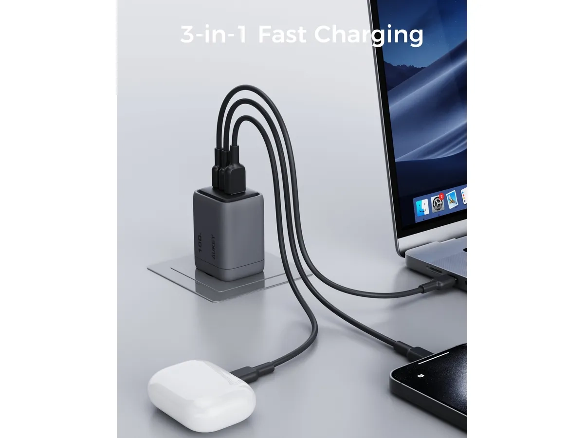 (100W) Comet Mix USB A / 2x USB C GaN Ladegerät Netzteil Power Delivery   Ladekabel (PA-C5 Bundle) - Schwarz