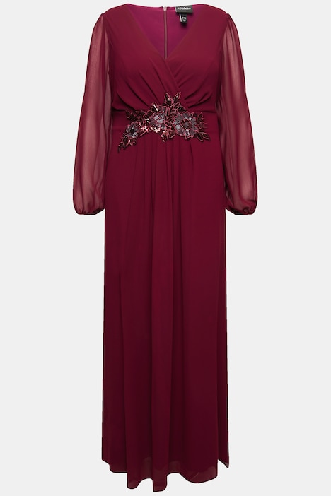 Abendkleid, V-Ausschnitt, bestickter Gürtel, Langarm
