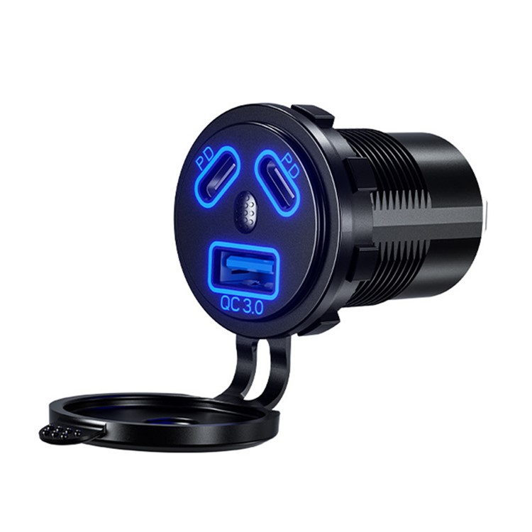 (45W) Universal USB A / 2x USB C Auto KFZ Ladegerät PD / QC mit LED Beleuchtung - Schwarz / Blau