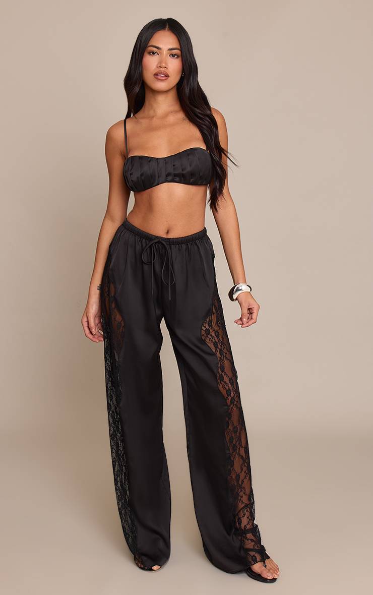 Noir Pantalon En Satin À Lacets Avec Cordon De Serrage