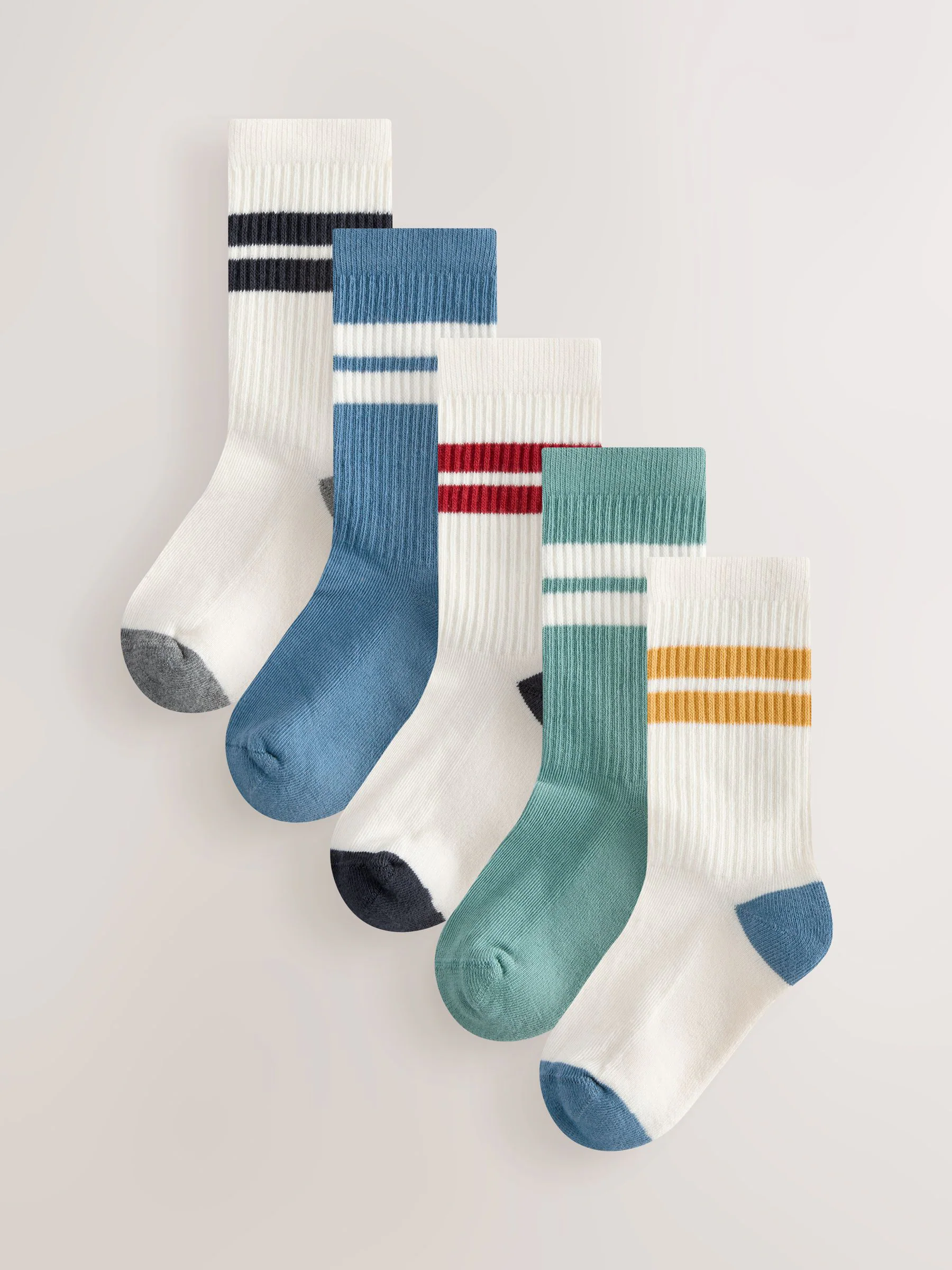 Ecru/Blauw/Mineraal - Set van 5 paar geribbelde sokken met verzacht voetbed, katoengehalte en gekleurde boorden