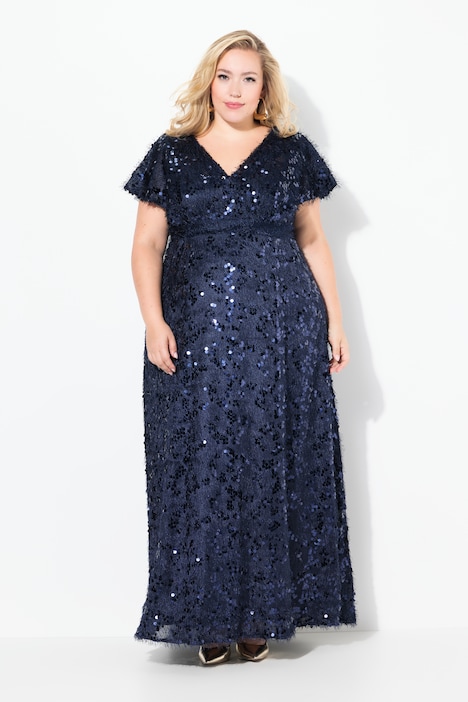 Abendkleid, Pailletten, Fransen, V-Ausschnitt, Halbarm
