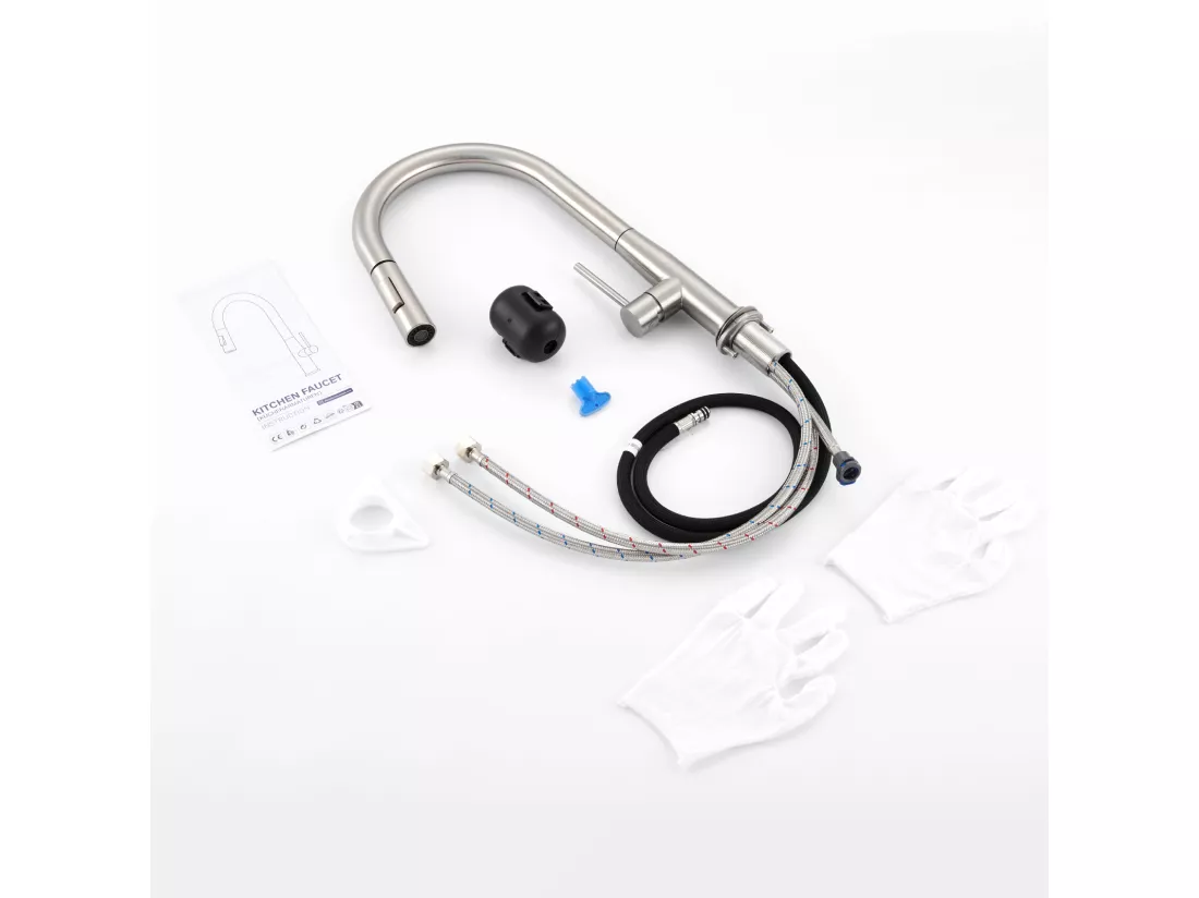2PCS AURALUM MAX Robinet de Cuisine,Mitigeur Évier Inox avec Douchette Extractible,2 Modes Jets Eau Froide/Chaude Rotatif 360°,Bec en Forme U,Brossé