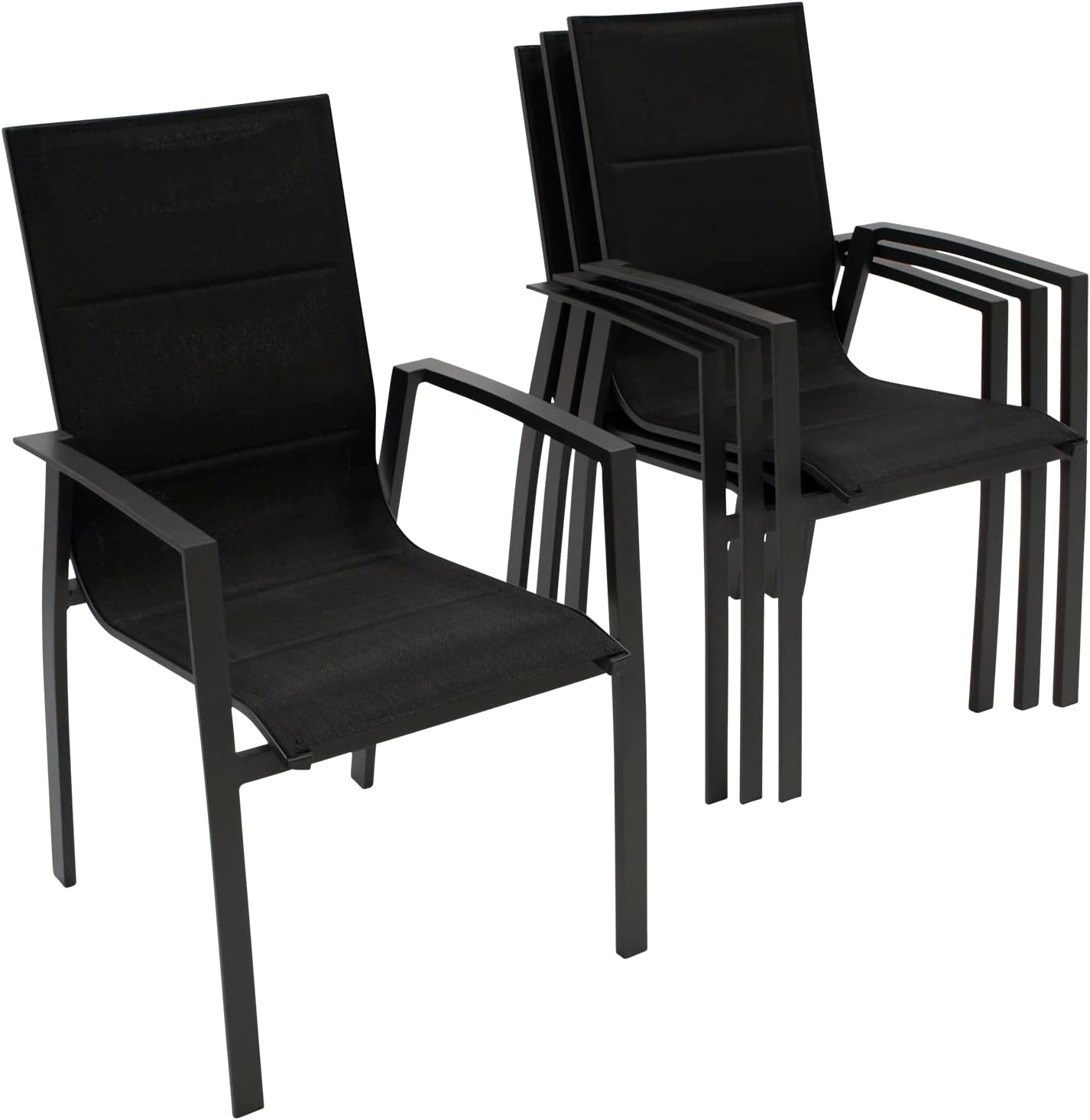 DEGAMO Gartengarnitur Madeira 5-teilig, 4X Stapelsessel anthrazit und 1x Gartentisch Metall mit Tischplatte Akazie 130cm rund, Outdoor