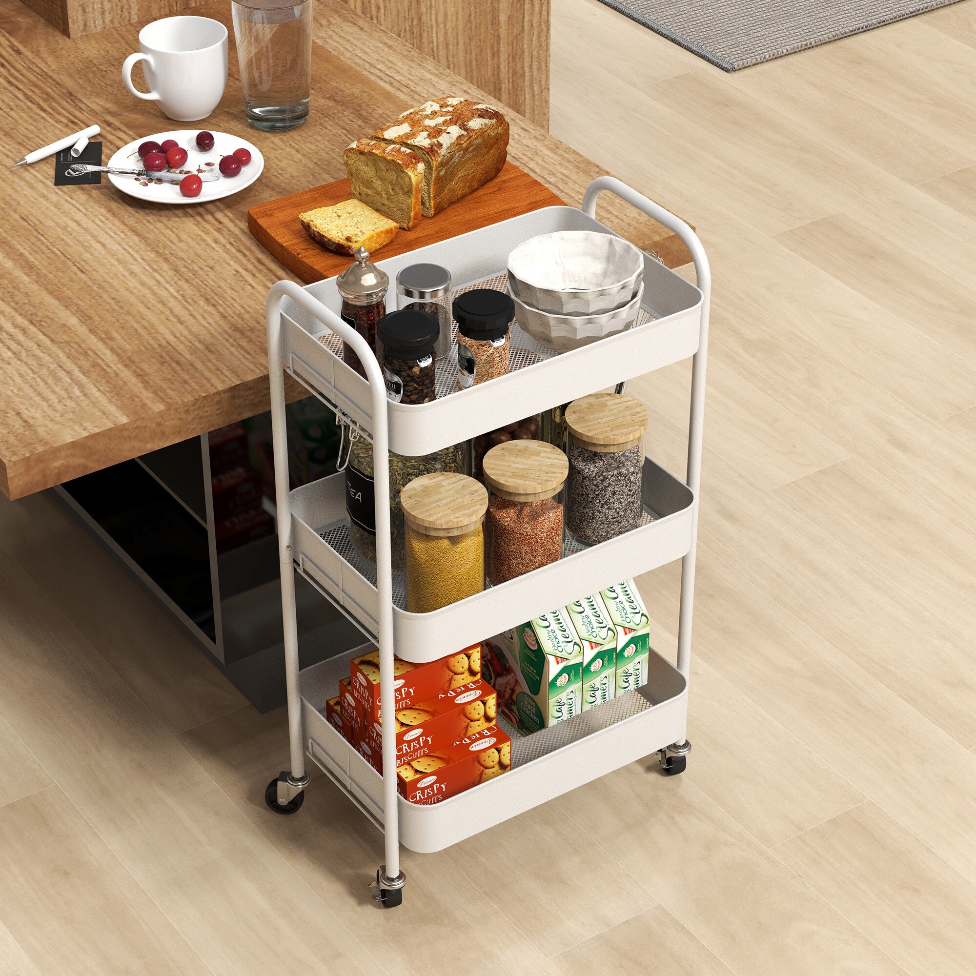 HOMCOM Küchenrollwagen mit 3 Etagen weiß 45L x 30,6B x 79H cm