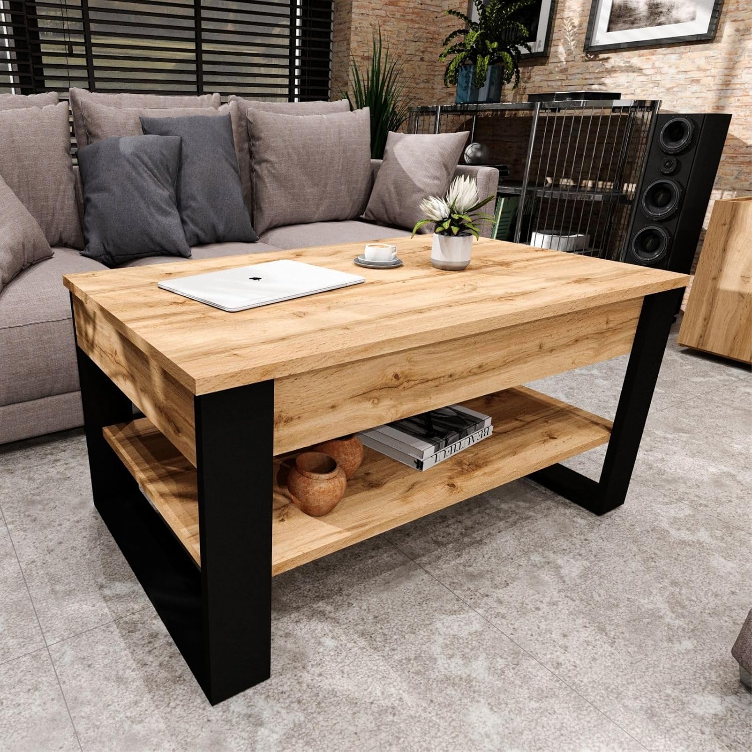 Couchtisch höhenverstellbar mit Stauraum - Couchtische - Wohnzimmertisch klappbar - höhenverstellbarer Coffee Table - Wohnzimmer Tisch Holz Braun