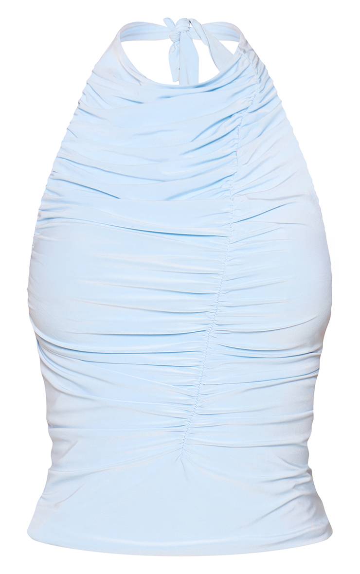 Bleu Layette Top Court Dos Nu À Col Licou Avec Fronces Petite Taille Ensemble Coordonné