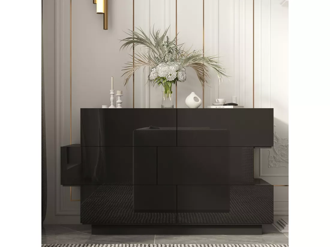 Commode Noir brillante avec 6 tiroirs Contemporain Meuble chambre 127x40x76cm Noir