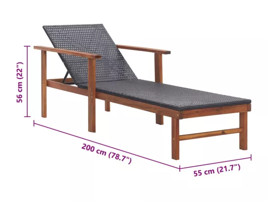 Chaise longue Résine tressée et bois d'acacia massif Noir
