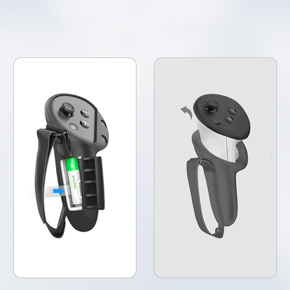 (2er Set) Meta Quest / Oculus Quest 3 / 3S Controller Silikon Grip Schutzhülle mit Handgelenk-Halterung und Batterie Öffnung - Schwarz