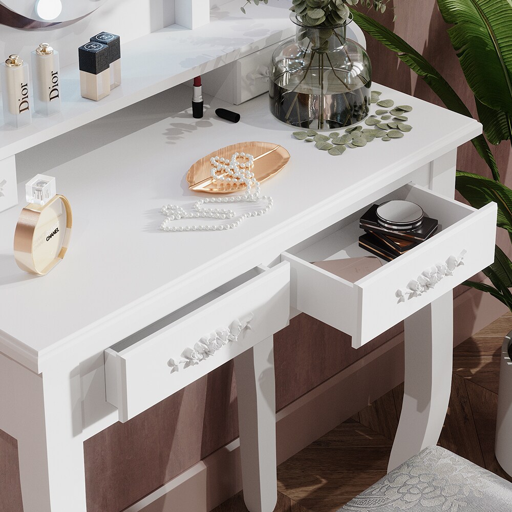 Vicco Schminktisch Frisiertisch Kosmetiktisch Maggie Weiß Schminkspiegel Hocker 75x147 Barock LED Beleuchtung Schlafzimmerkommode Schminkkommode Schublade Aufbewahrung Frisierkommode Make-Up-Tisch