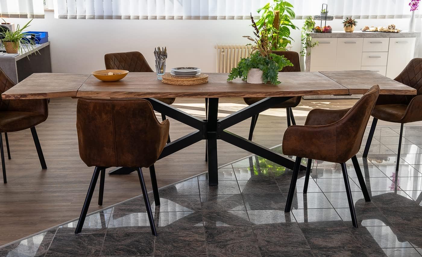 SAM Baumkantentisch 160 (260) x 90 cm Janosh, Akazienholz massiv & nougatfarben, Esstisch inkl. 2 Ansteckplatten 50 x 90 cm, echte Baumkante, Spider-Metallgestell in Schwarz