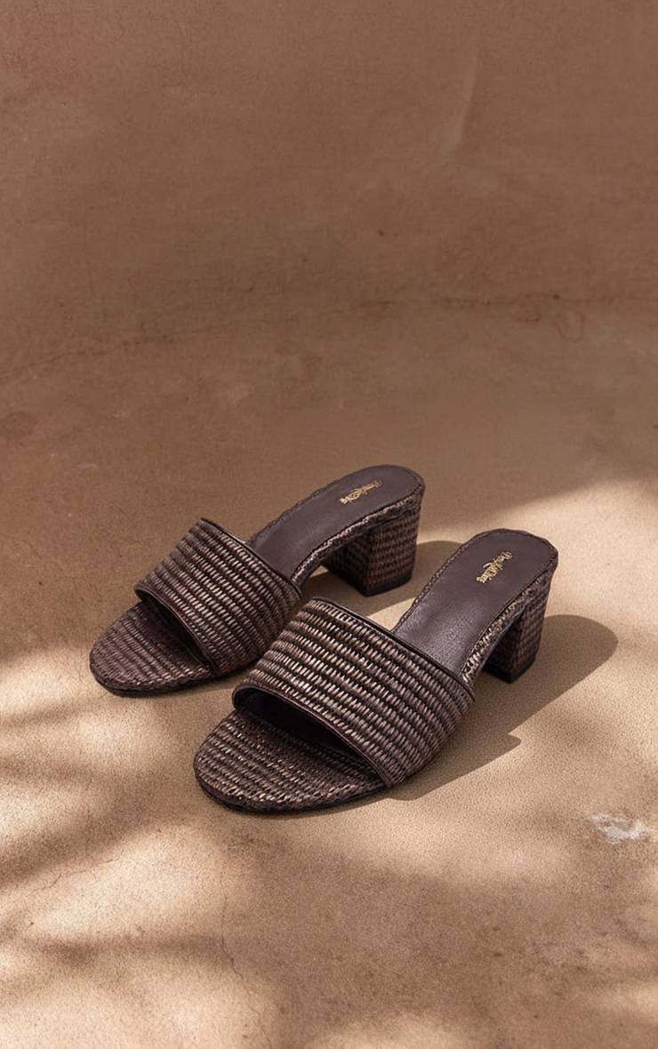 Chocolat Mules À Talon Bloc En Raphia Coupe Large