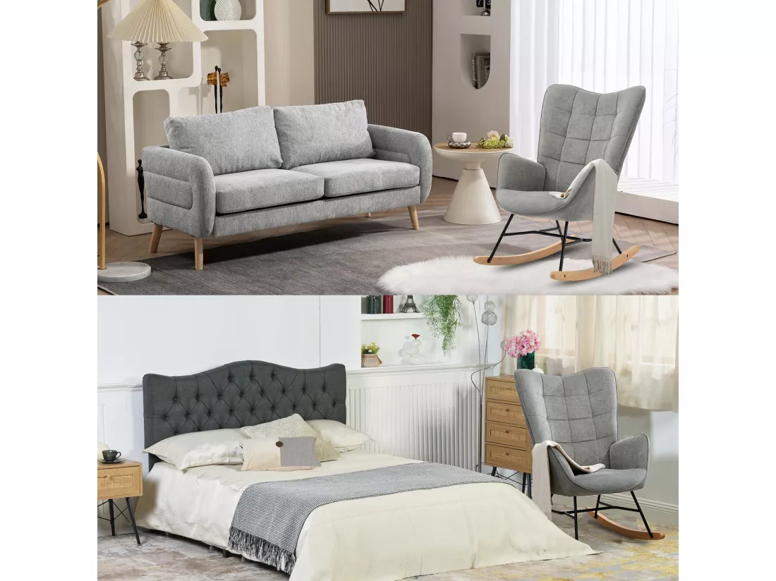 MEUBLES COSY Fauteuil à Bascule Allaitement Scandinave Chaise Loisir et Repos en Tissu avec Pieds en E' Bois Métal pour Salon, Chambre, Massif, Gris, 66x84x97cm