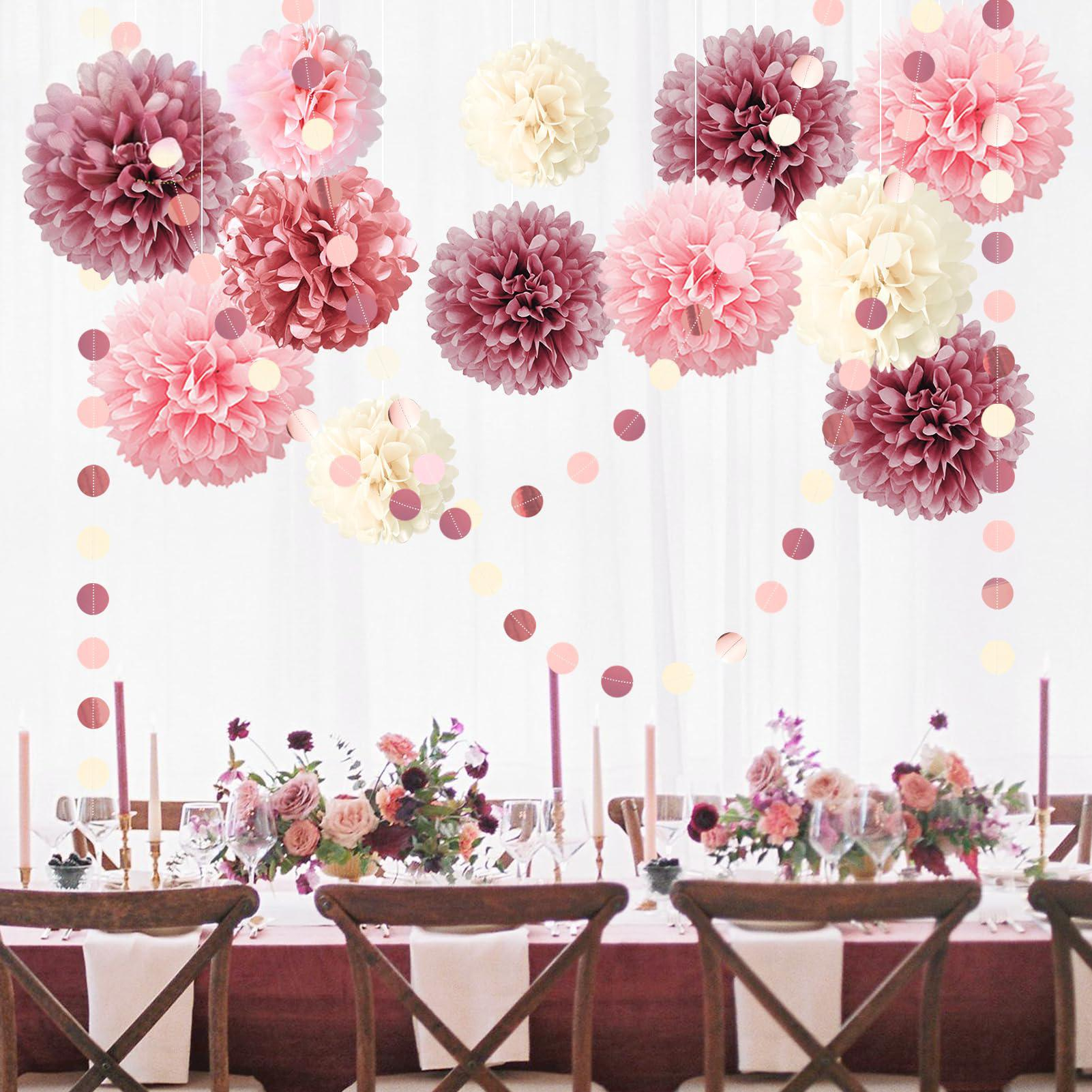 (15-tlg. Set) Papier Pompon's Deko Kreis Girlande Party / Geburtstag / Hochzeit - Roségold / Pink / Beige