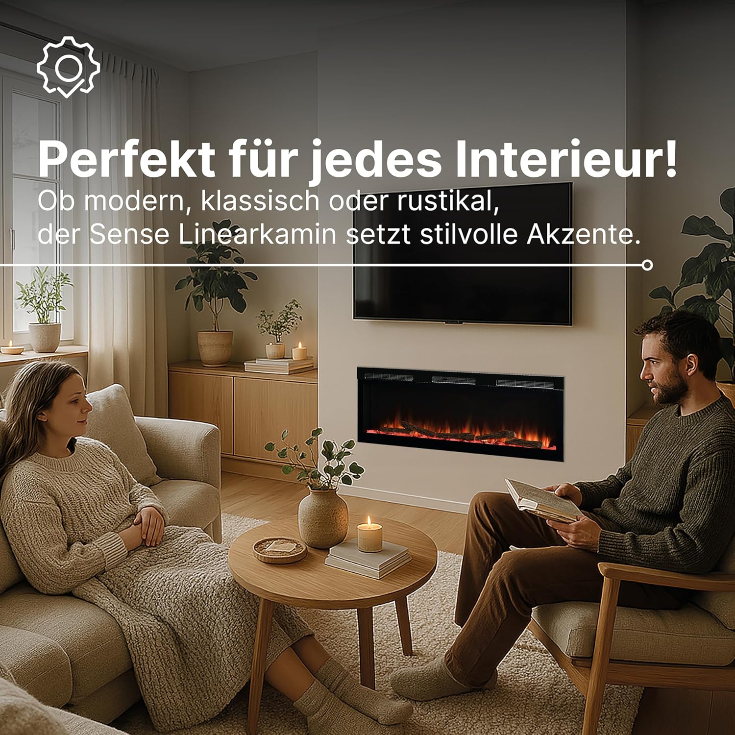 Dimplex Sense Optiflame Media - Wandfeuer, Wandmontage oder Einbau, integrierter elektrischer Kamin, mit 13 Farbthemen, 3 Heizeinstellungen, Fernbedienungen und WLAN, 60 Zoll / 153,3 cm