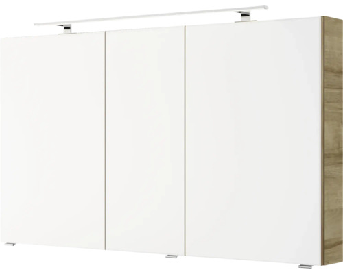 3-delige badkamermeubelset Pelipal serie 4035 BxHxD 120 x 200 x 45 cm, frontkleur eiken riviera, met keramische wastafel in wit en keramische dubbele wastafel, wastafelmeubel, spiegelkast met LED-verlichting, greep chroom hoogglans 40351200111470