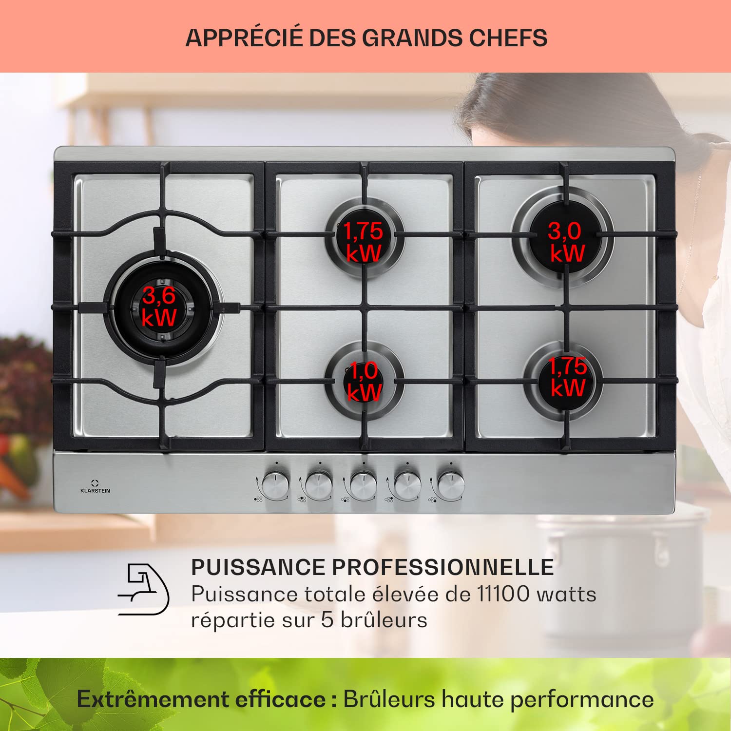 Klarstein Tables de Cuisson à Gaz, Plaque de Cuisson , Encastrable à 5 Feux de 11100W, Cuisiniere Gaz, Gaziniere avec Brûleurs en Acier Inoxydable, Cu
