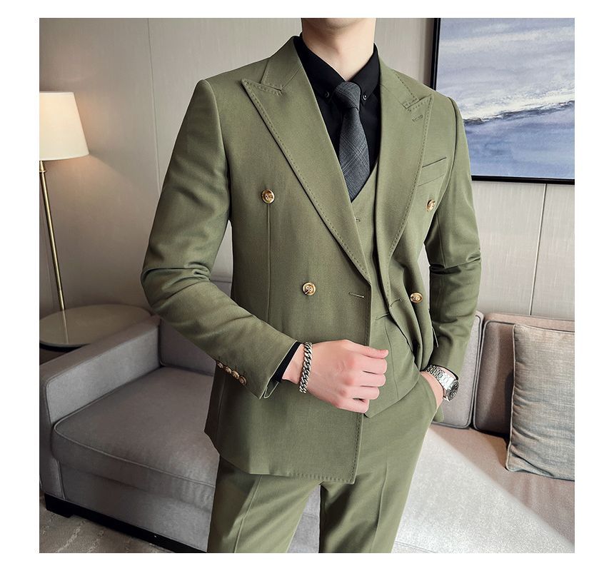Deepwood - Set: effen dubbelrijs blazer + vest met knoopjes + hoge taille rechte broek